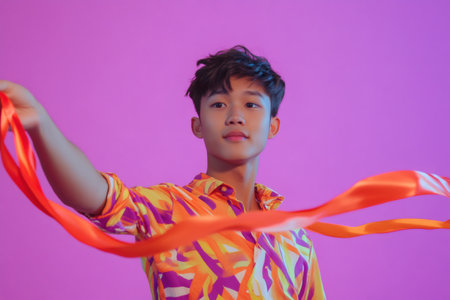 Teenager wearing a colorful shirt twirling a red ribbon against a purple background, expressing youth and creativityの素材