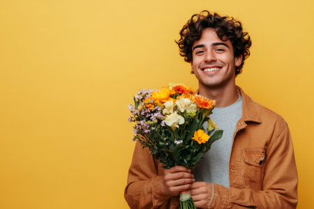 Happy young man holding a beautiful vibrant flower bouquet, looking at camera and smiling on a yellow studio backgroundの素材