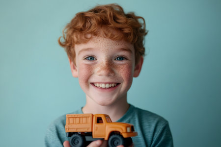 Red haired child with freckles showing a happy smile, holding a toy dump truck against a blue background, representing childhood joy and playの素材