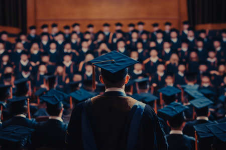 Student in academic cap and gown facing other graduates in uniforms, celebrating educational achievement, success, and futureの素材