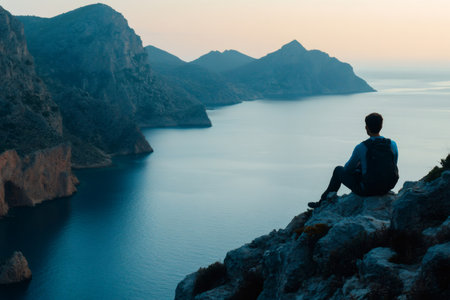 Backpacking man sitting on a cliff edge, enjoying a quiet moment while looking at the calm sea and rugged coastline during duskの素材