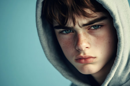 Young boy wearing a gray hoodie, furrows brows and looking intensely. Concept of youth, emotion, and challengeの素材