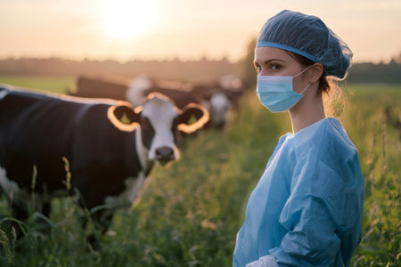 Veterinarian in PPE standing in grassy pasture at sunset, examining cows for health and disease prevention on rural farmの素材
