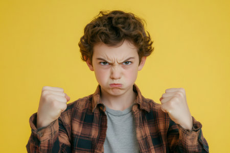 Young boy frowning with furrowed brows and clenched fists, expressing intense anger or irritation on a yellow backgroundの素材