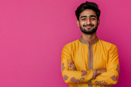 Young Indian man smiling confidentially, wearing traditional kurta, arms crossed, standing against a vibrant pink backgroundの素材