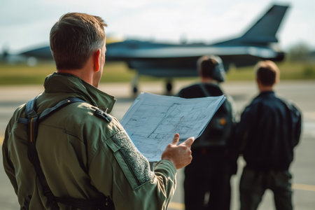 Pilot discussing flight plan with ground crew on airfield before a mission, a jet fighter blurred in backgroundの素材