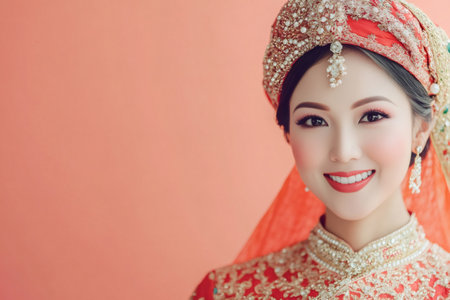 Attractive young woman smiling, celebrating wedding in elaborate traditional red and gold costume with intricate headpieceの素材