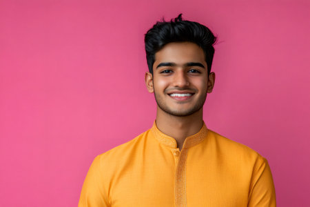 Young man posing, confidently smiling at the camera, celebrating Indian culture and happiness on a vibrant pink backgroundの素材