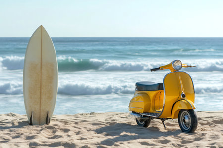 Yellow scooter and a surfboard standing on sandy beach with ocean waves in background, creating a summer vacation sceneの素材