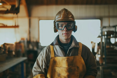 Young man standing confidently in workwear, hard hat, safety goggles, and apron, embodying industrial safety and skilled laborの素材