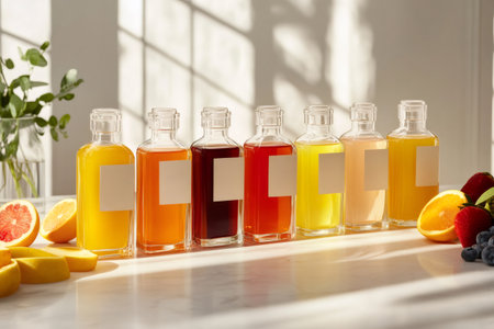 Row of various fruit juices in clear bottles with blank labels, fresh cut fruits on a white marble surface capturing natural lightの素材
