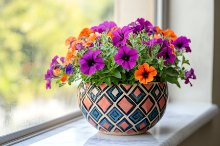 Colorful petunia flowers blooming in a decorative ceramic pot featuring a modern geometric design, sitting on a windowsillの素材