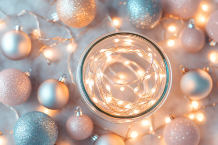 Fairy lights coiled in a glass jar, surrounded by pink, gold, and blue Christmas ornaments, creating a festive holiday sceneの素材