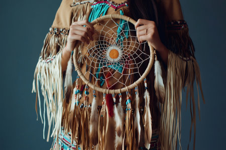 Woman in Native American inspired attire holding a handcrafted dreamcatcher with feathers and intricate beadwork, symbolizing culture and protectionの素材