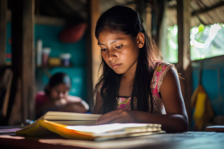 Young woman concentrating on an open book, developing skills for vocational training in a bright settingの素材