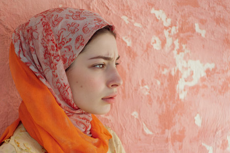 Young woman in a headscarf with furrowed brows looks away, expressing concern or deep thought against a textured wallの素材