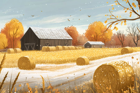 Idyllic farmyard scene in late autumn, featuring hay bales, rural barns, golden fields, and gentle snowfall under a blue skyの素材