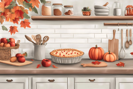 Rustic kitchen counter displaying fall harvest, including apples, pumpkins, and a freshly baked apple pie, celebrating autumn and holidaysの素材