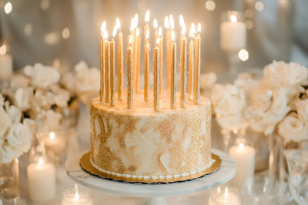 Golden birthday cake adorned with numerous tall lit candles, surrounded by warm candlelight and white flowers, creating a festive atmosphereの素材