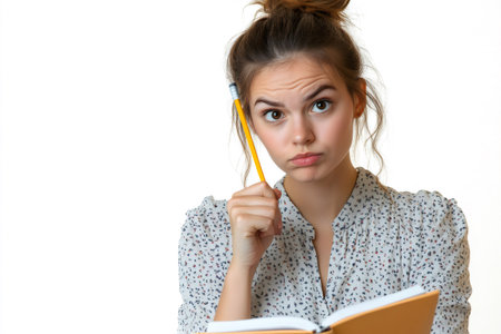 Concentrating woman holding pencil to forehead, looking upwards, searching for an idea or solution to a problemの素材