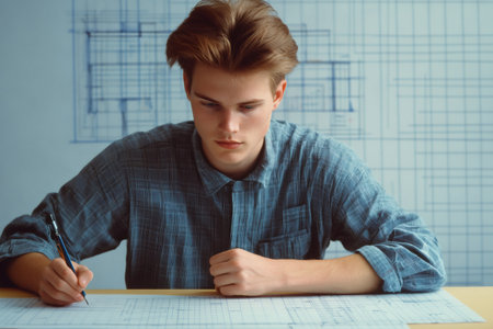 Young man concentrating on drawing architectural blueprint, planning a new design project. Engineering student working on a technical drawingの素材