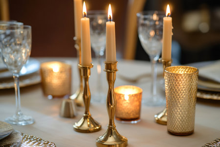 Golden tapered candles flickering on an elegant table setting, creating a warm, inviting ambiance for a special dinner or celebrationの素材
