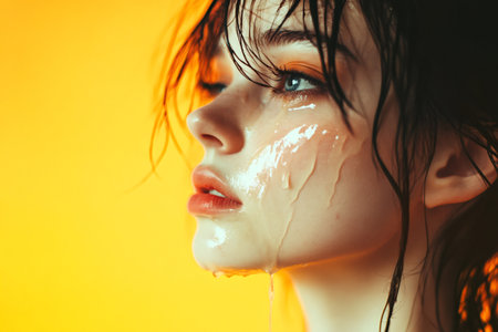 Young woman's face with water, tears, and wet hair against a vibrant background, showing emotion and beautyの素材
