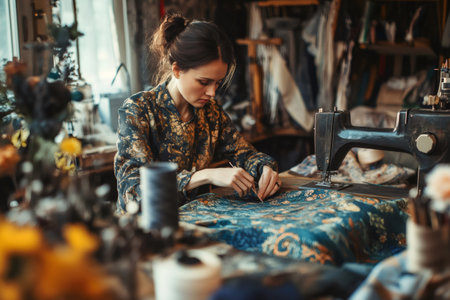 Focused woman working on patterned fabric with a tool next to a vintage sewing machine, designing new fashion piecesの素材