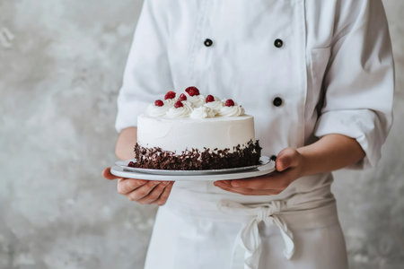 Confectioner presenting a decorated creamy cake with fresh raspberries and chocolate. Preparing sweet dessertの素材
