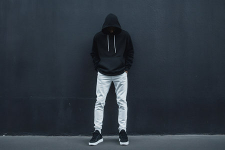 Man in black hoodie and white pants poses against a dark wall in minimalist urban street style, anonymous and contemporary vibeの素材
