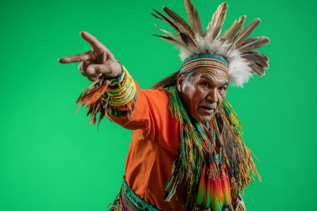 Indigenous man traditionally wearing headdress and colorful attire, pointing with an intense and expressive look, standing on green screenの素材