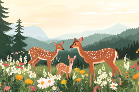 Deer family with two adults and a fawn standing in a vibrant meadow filled with colorful wildflowers, surrounded by towering pine trees and distant mountainsの素材