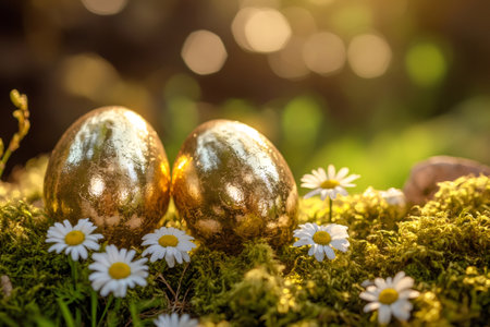 Two golden Easter eggs nestled in vibrant green moss, surrounded by delicate white daisies, illuminated by warm, soft lightの素材