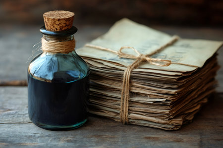 Ink bottle with cork stopper standing beside a stack of old, tattered papers tied with natural twine, conveying historyの素材