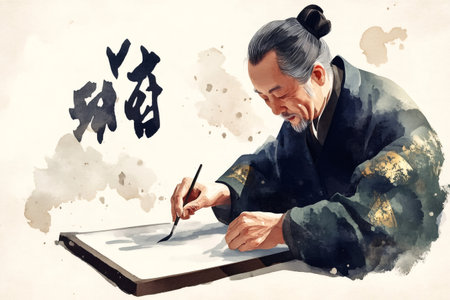 Elderly Asian man practicing traditional calligraphy, creating beautiful characters and embracing cultural heritageの素材