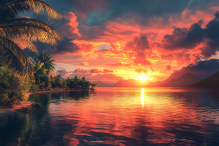 Sunset over a calm tropical ocean, featuring vibrant orange and red skies with reflected light on water, palm trees on the coastの素材