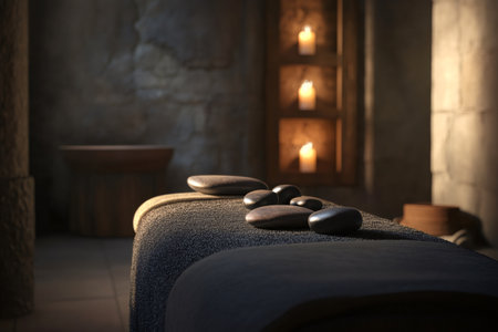 Warm smooth stones placed on a massage table, creating a serene and relaxing atmosphere, ready for a rejuvenating spa treatmentの素材