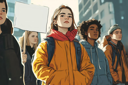 Group of diverse young generation Z activists walking in an urban setting, standing together for rights and social issuesの素材