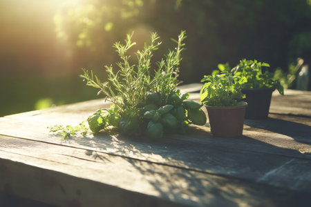 Fresh organic herbs in small pots rest on a rustic wooden table outdoors, illuminated by warm golden evening sunlightの素材