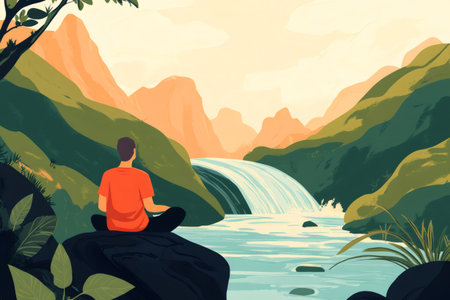 Person meditating on a rock, finding peace in a serene natural landscape with mountains and a flowing waterfallの素材