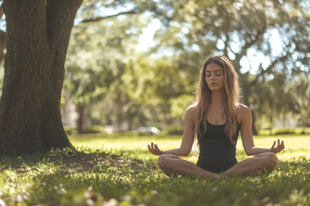 Young woman meditating in lotus position on green grass. Practicing mindfulness, promoting relaxation and spiritual wellnessの素材