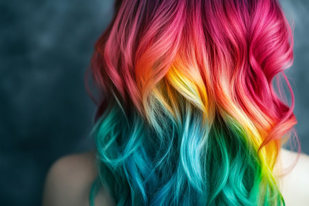 Person showing off long, wavy hair dyed in a striking rainbow gradient. Expressing individuality and diverse beautyの素材