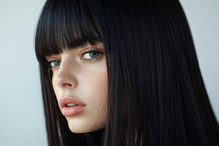 Young woman looking back over her shoulder, showing straight black hair with full bangs and natural freckles on her faceの素材
