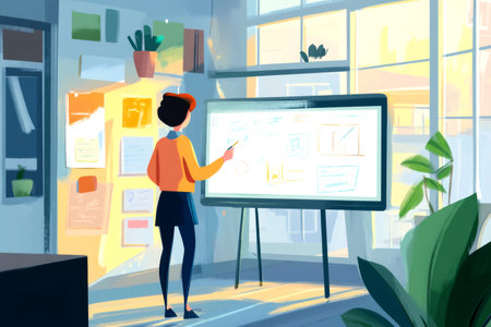 Woman standing in a modern office, presenting ideas and data on an interactive digital whiteboard, symbolizing modern education and business meetingの素材