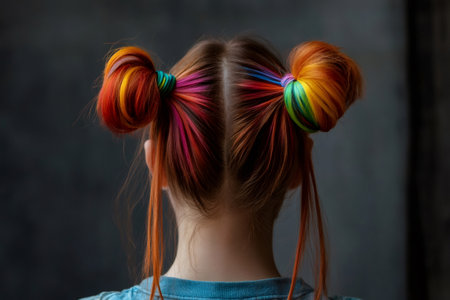 Back view of a person with colorful rainbow highlights styled into two creative space buns, expressing individualityの素材