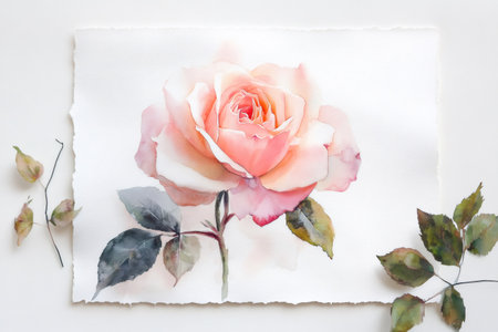 Hand painted single pink rose blooming on textured paper, creating a graceful botanical illustration in a minimalist styleの素材