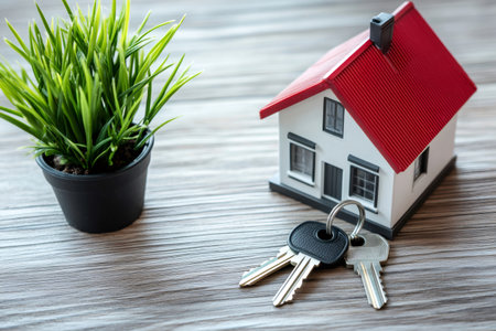 Miniature house model with red roof, keys, and green plant on a wooden surface, symbolizing homeownership and property investmentの素材