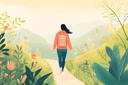 Person walking in nature, carrying backpack along a path surrounded by green hills, trees, and wildflowersの素材