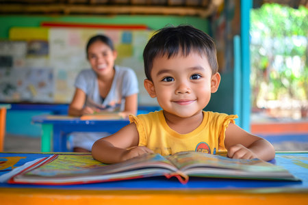 Happy child learning at a colorful desk, smiling at camera. An adult woman is in the background. Early education conceptsの素材
