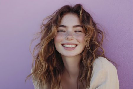 Freckled young woman with wavy hair smiling broadly, eyes closed, radiating happiness and positive emotions against a purple wallの素材